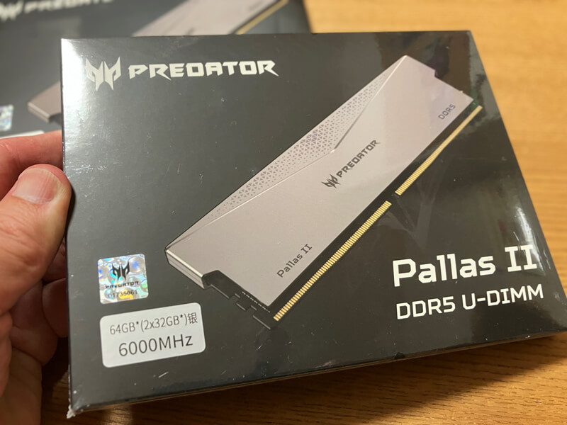 Acer PREDATOR Pallas II DDR5 6000Mhz CL30 64GB（32GB×2枚）パッケージ