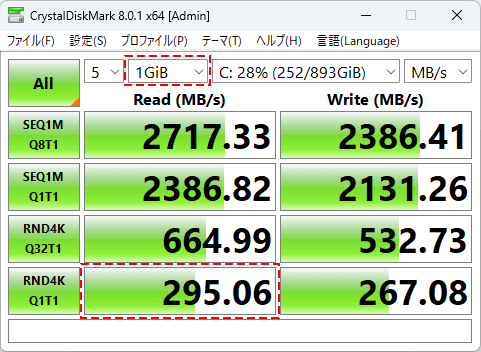 CrystalDiskMark Intel Optane 905P 960GB ベンチマーク結果 CPU直結のM.2スロットに接続 1GiB