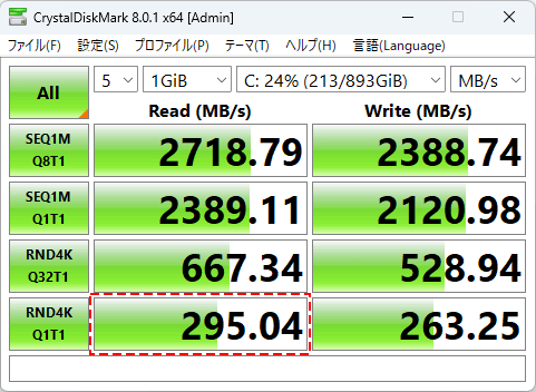 CrystalDiskMark Intel Optane 905P 960GB ベンチマーク結果 CPU直結のM.2スロットに接続 ファームウェアアップデート後 1GiB