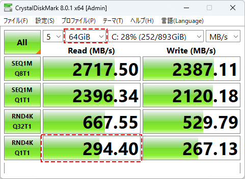 CrystalDiskMark Intel Optane 905P 960GB ベンチマーク結果 CPU直結のM.2スロットに接続 64GiB