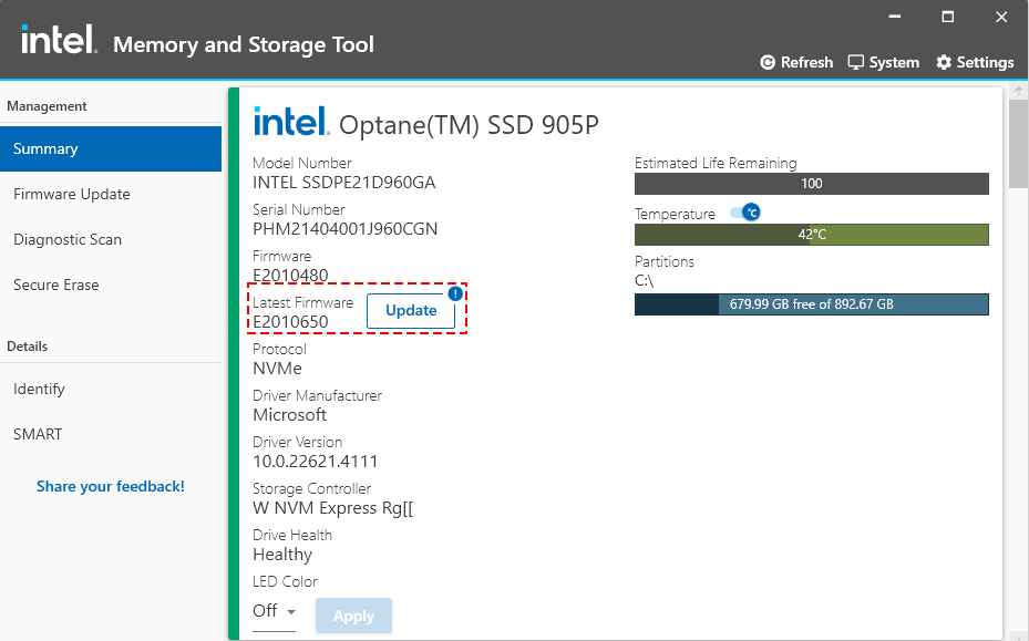 Intel Memory and Storage Tool による Optane SSD 905P のファームウェアアップデートの画面